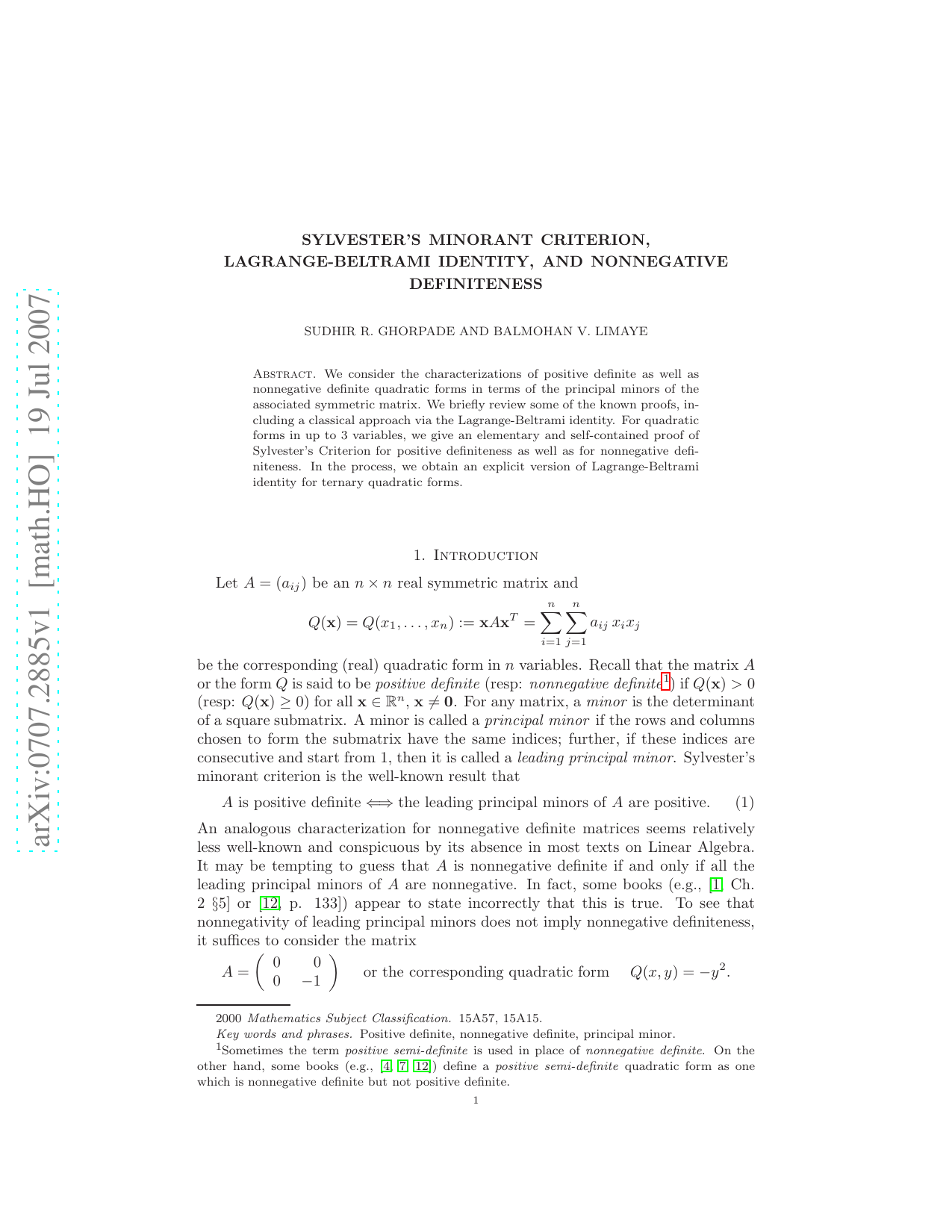 Sylvesters Minorant Criterion, Lagrange-Beltrami Identity, and   Nonnegative Definiteness