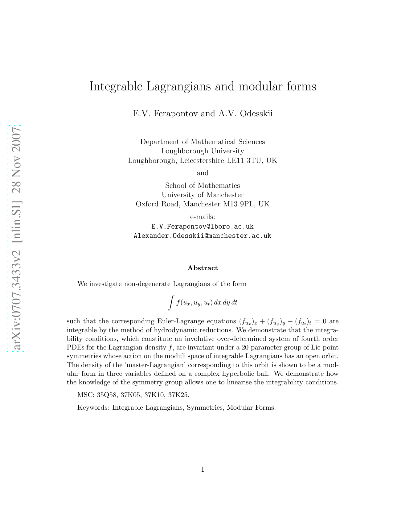 Integrable Lagrangians and modular forms