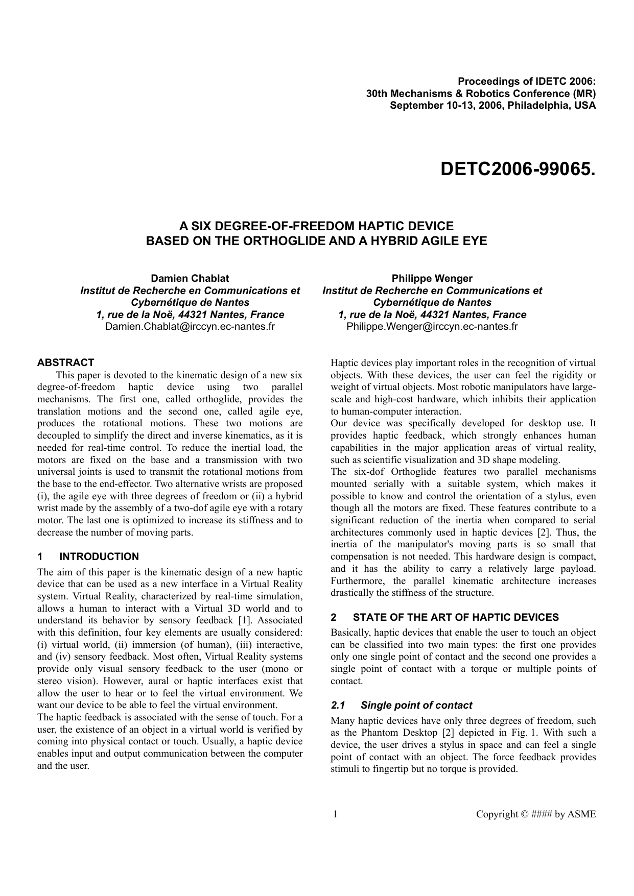 A Six Degree-Of-Freedom Haptic Device Based On The Orthoglide And A   Hybrid Agile Eye