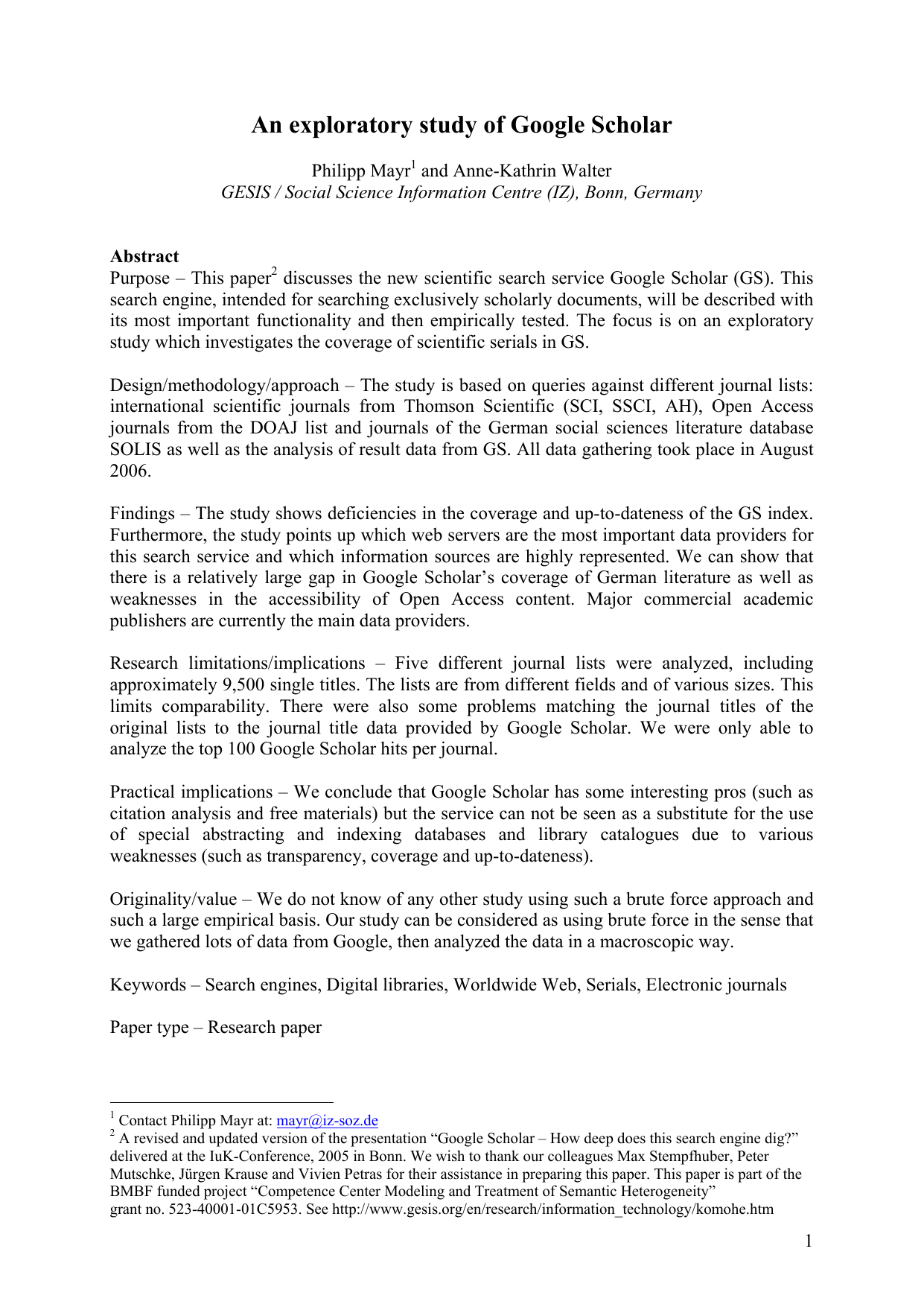 An exploratory study of Google Scholar