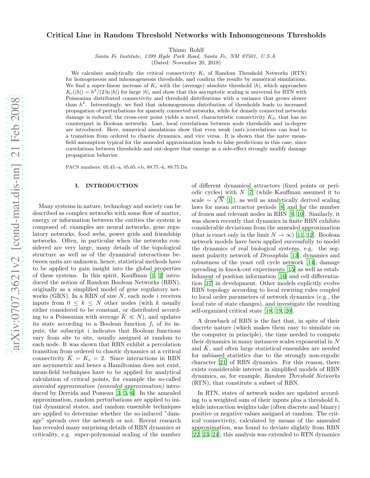 Critical Line in Random Threshold Networks with Inhomogeneous Thresholds