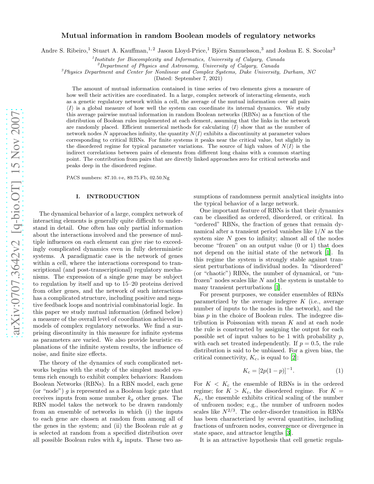Mutual information in random Boolean models of regulatory networks