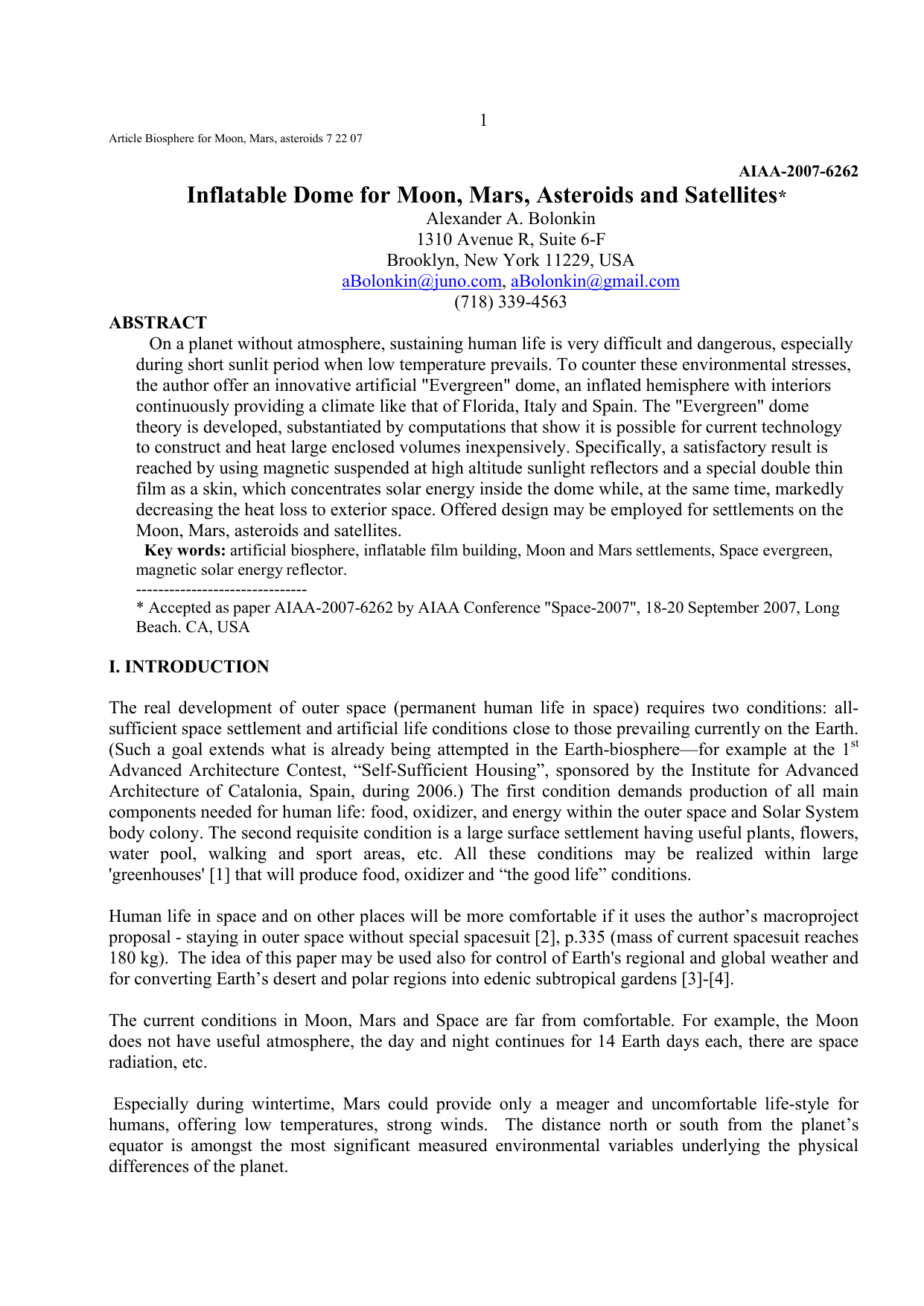 Inflatable Dome for Moon, Mars, Asteroids and Satellites