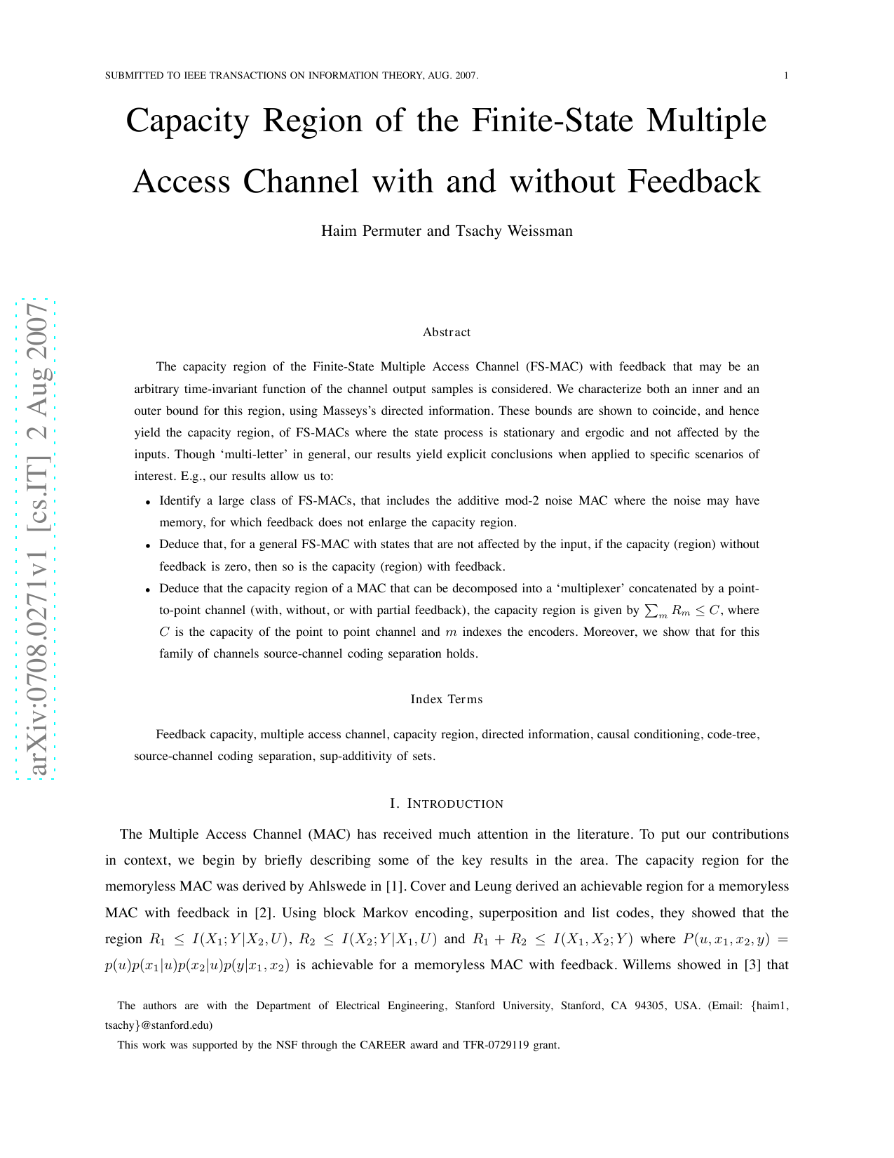 Capacity Region of the Finite-State Multiple Access Channel with and   without Feedback