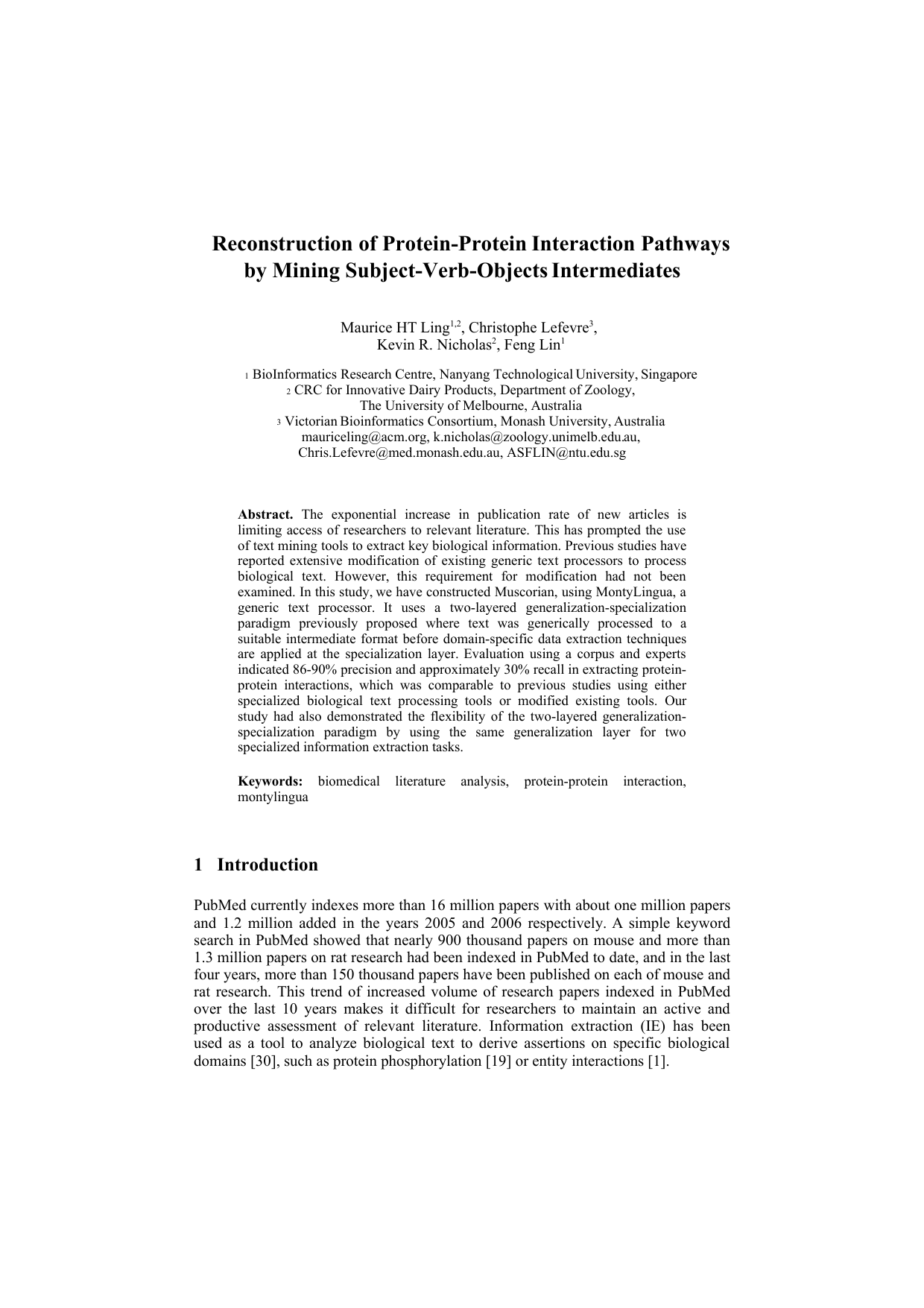 Reconstruction of Protein-Protein Interaction Pathways by Mining   Subject-Verb-Objects Intermediates