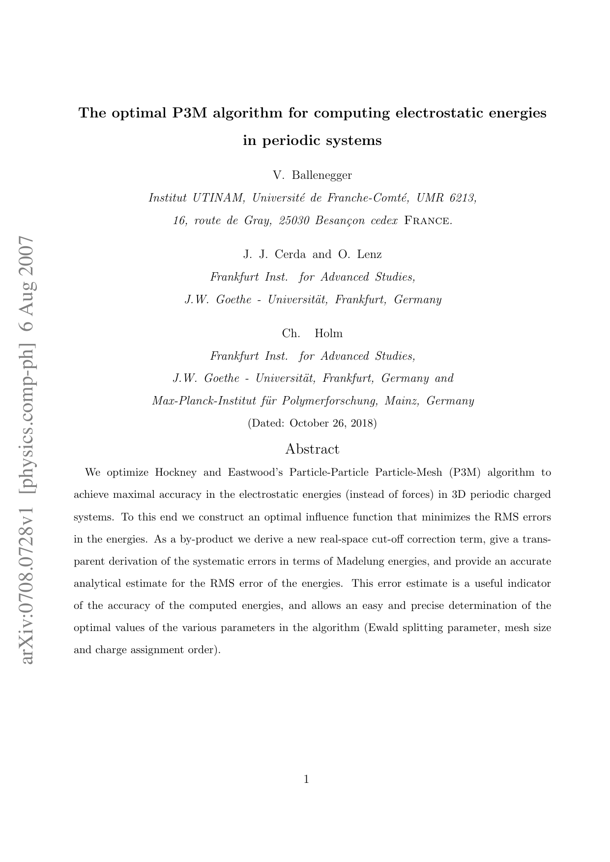The optimal P3M algorithm for computing electrostatic energies in periodic systems
