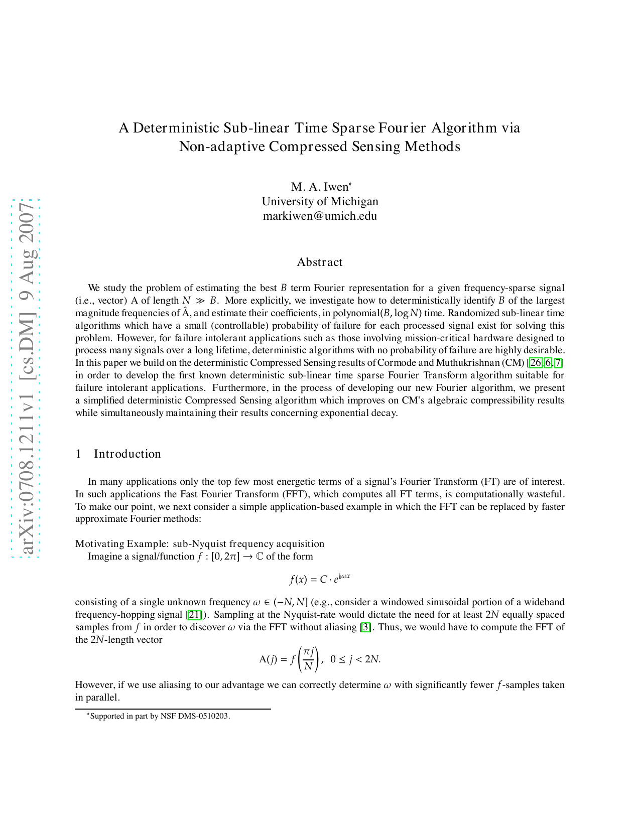 A Deterministic Sub-linear Time Sparse Fourier Algorithm via   Non-adaptive Compressed Sensing Methods
