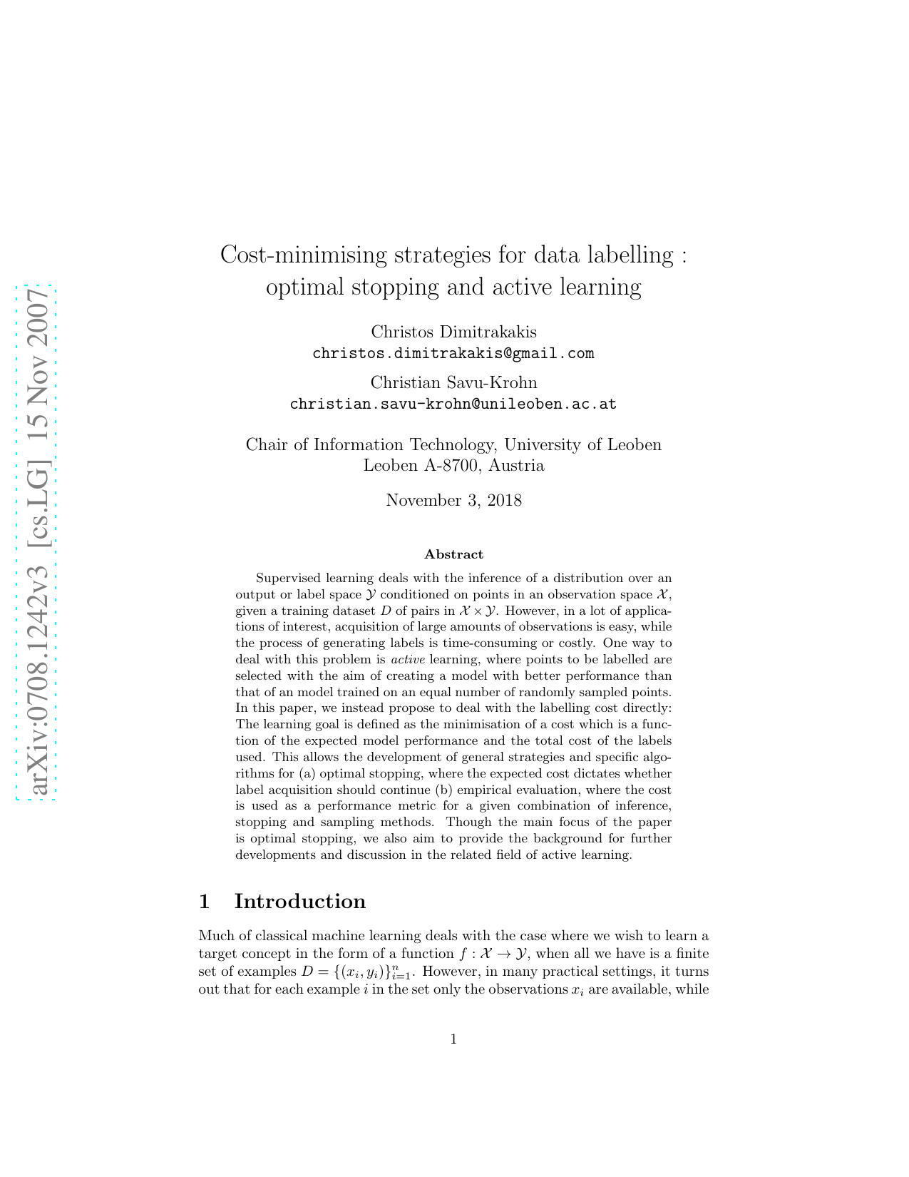 Cost-minimising strategies for data labelling : optimal stopping and active learning