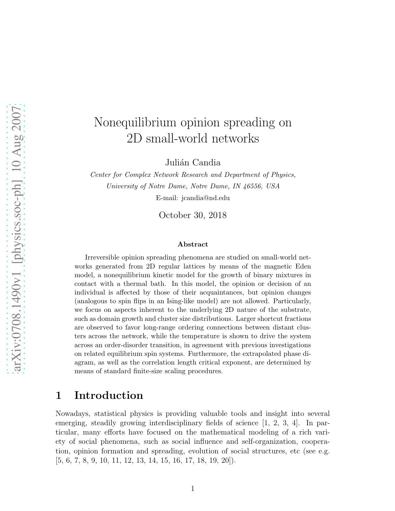 Nonequilibrium Opinion Spreading on 2D Small-World Networks