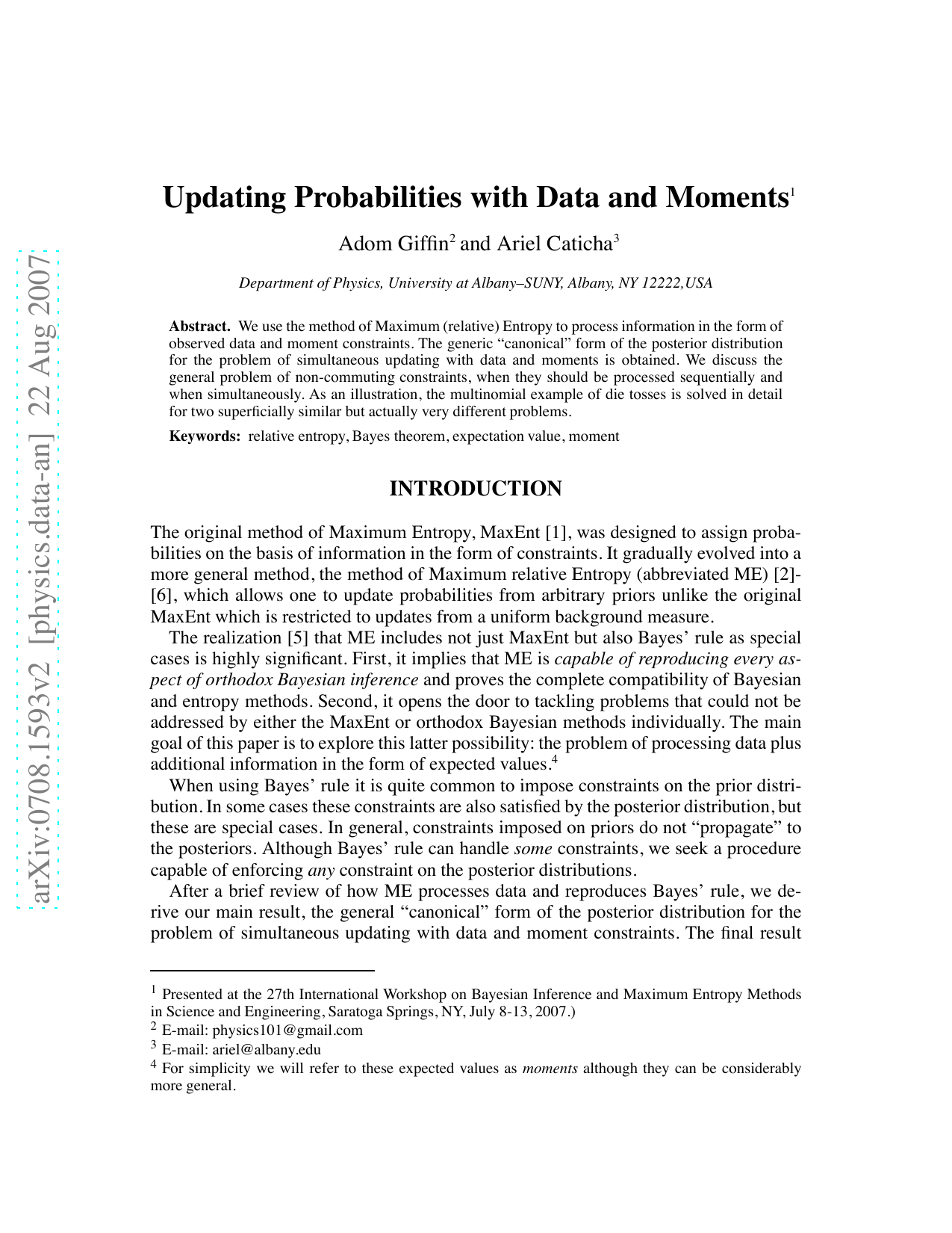 Updating Probabilities with Data and Moments