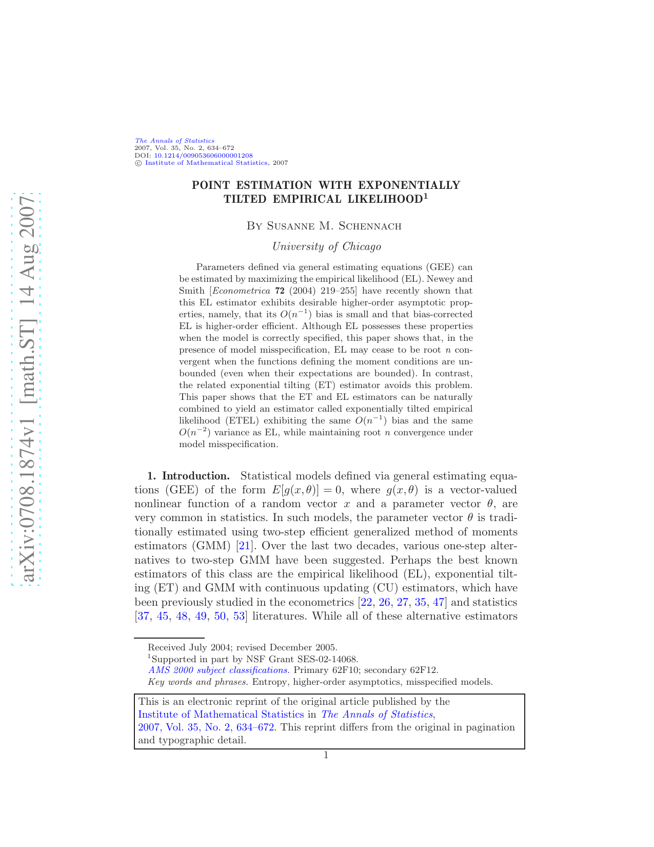 Point estimation with exponentially tilted empirical likelihood