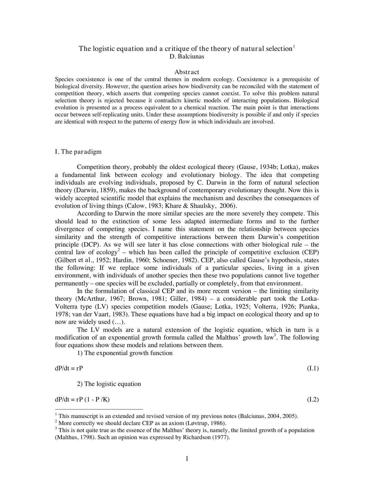 The logistic equation and a critique of the theory of natural selection