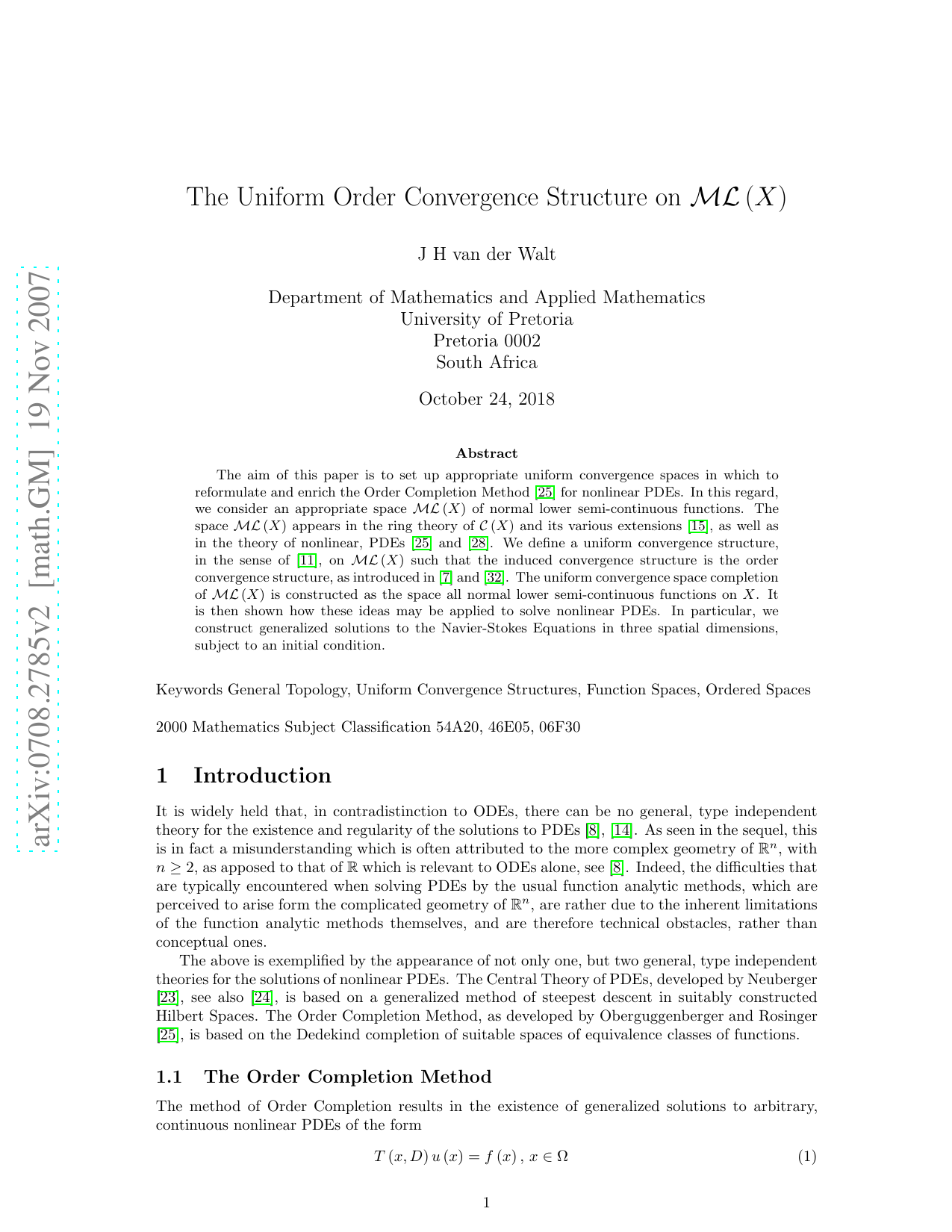 The uniform order convergence structure on ML(X)