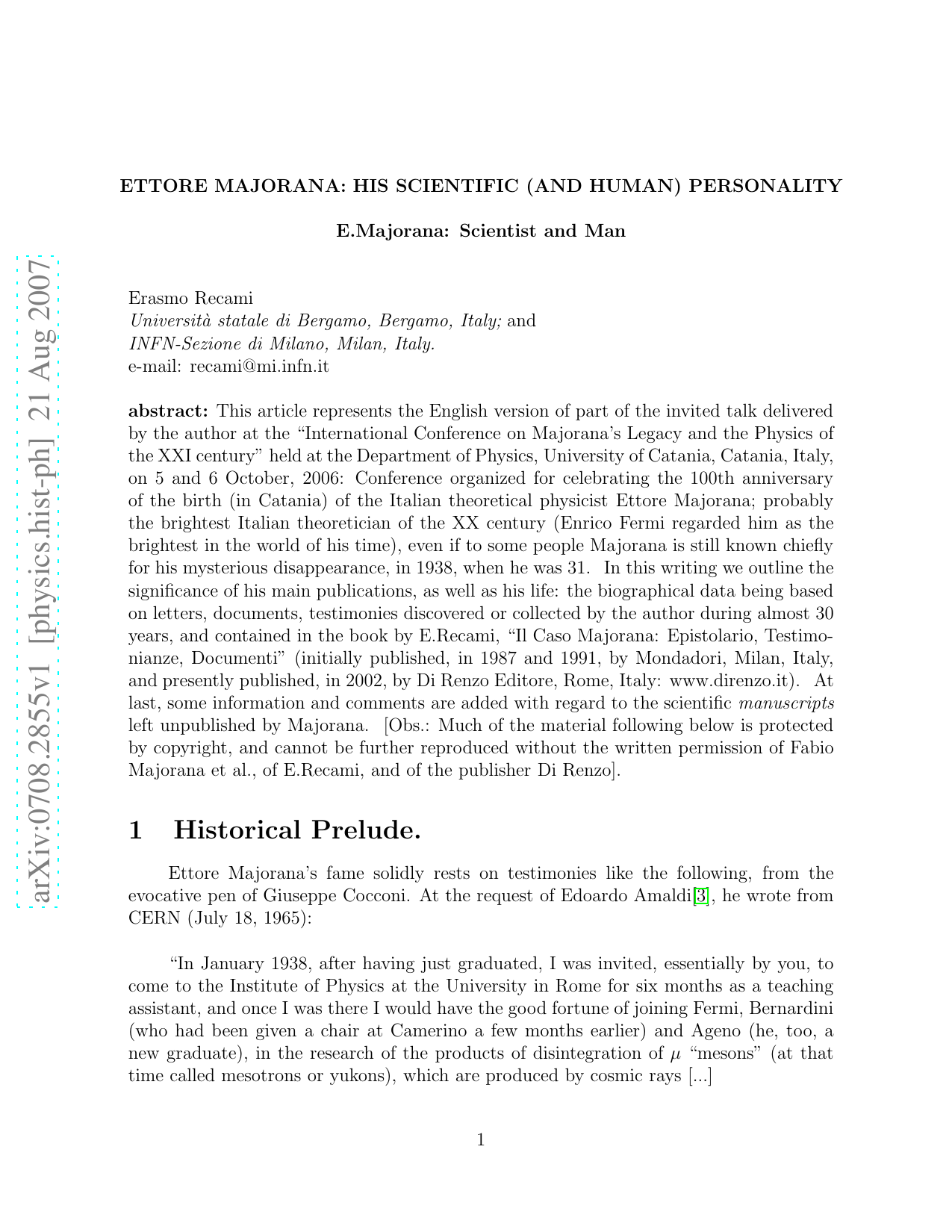 Ettore Majoranas Scientific (and Human) Personality