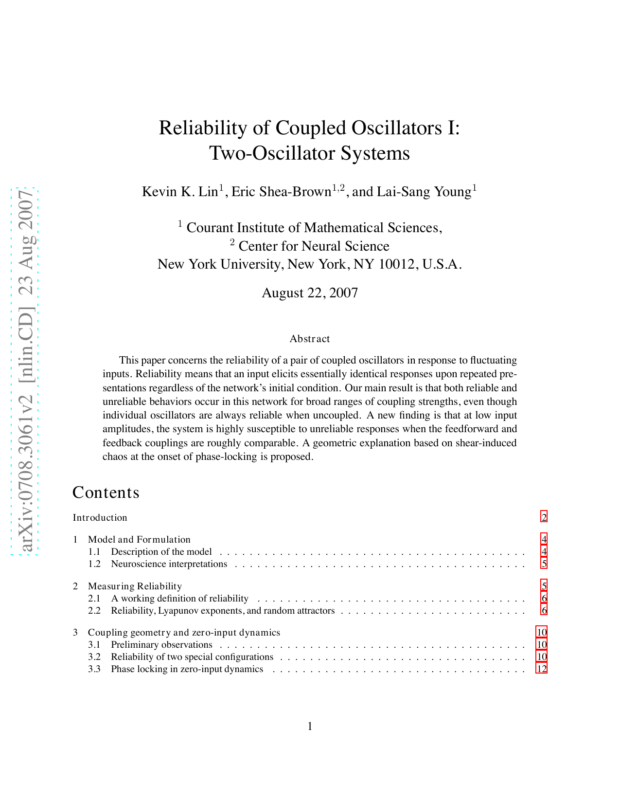 Reliability of Coupled Oscillators I: Two-Oscillator Systems