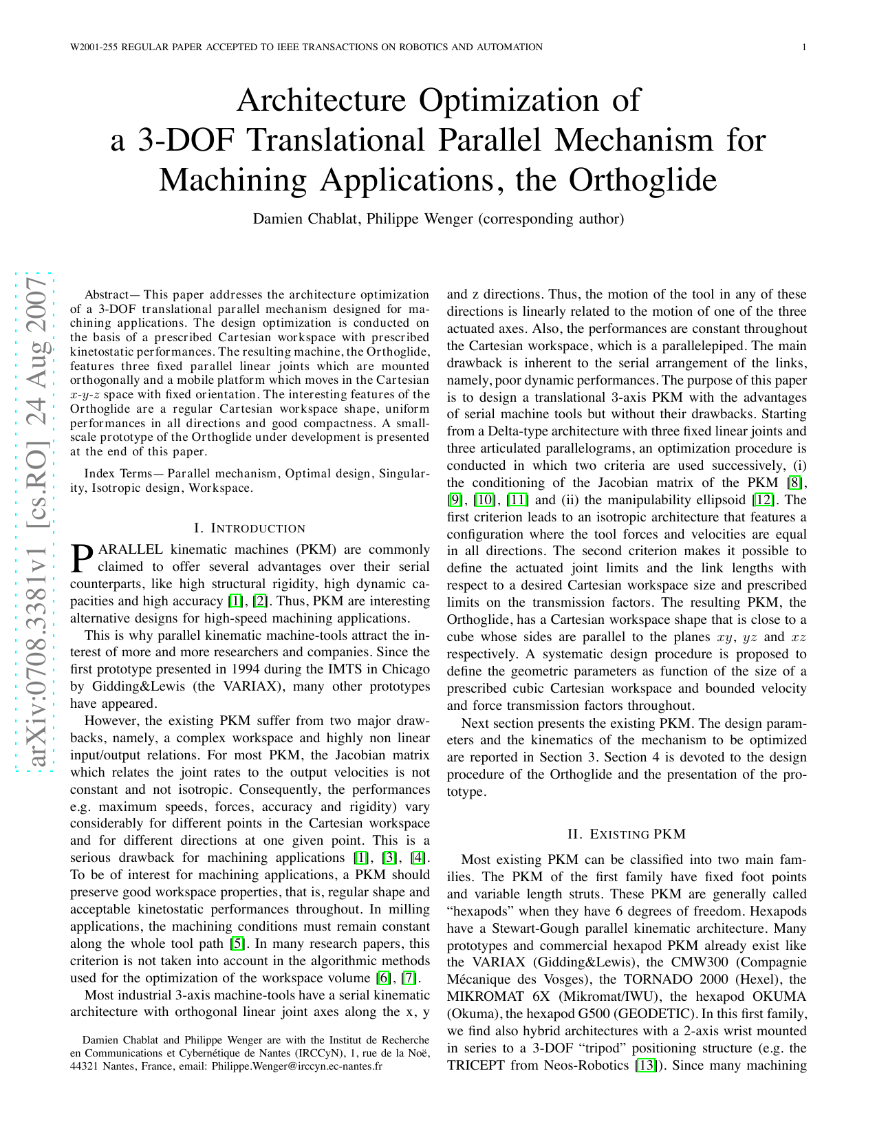 Architecture Optimization of a 3-DOF Translational Parallel Mechanism   for Machining Applications, the Orthoglide