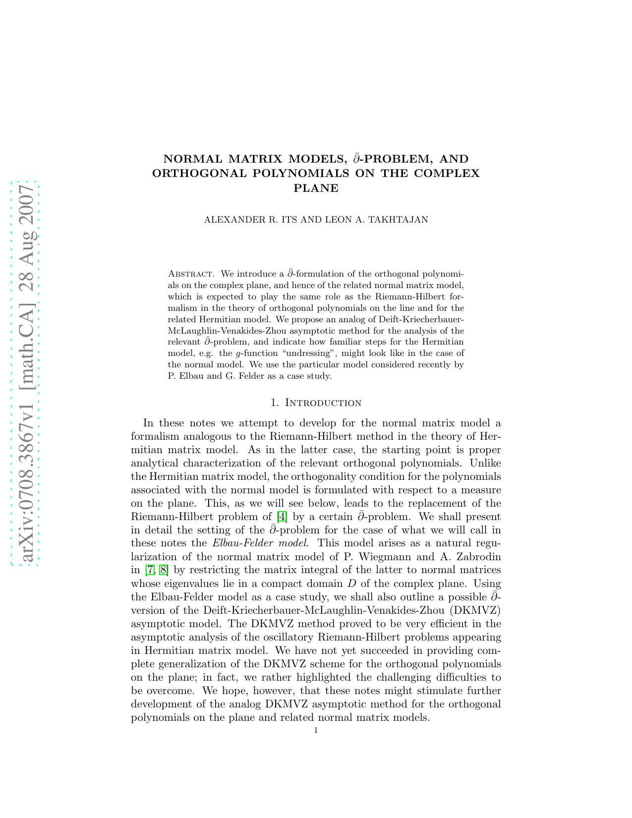 Normal matrix models, dbar-problem, and orthogonal polynomials on the complex plane