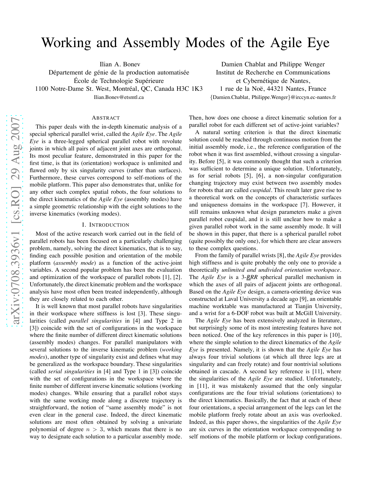 Working and Assembly Modes of the Agile Eye