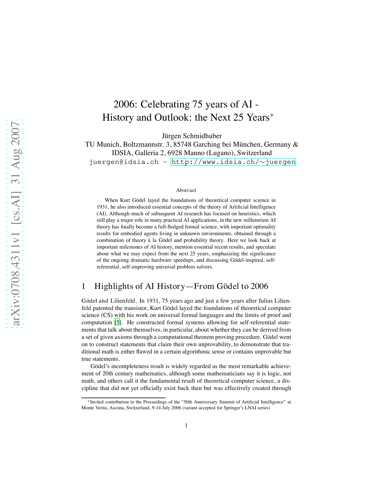 2006: Celebrating 75 years of AI - History and Outlook: the Next 25   Years