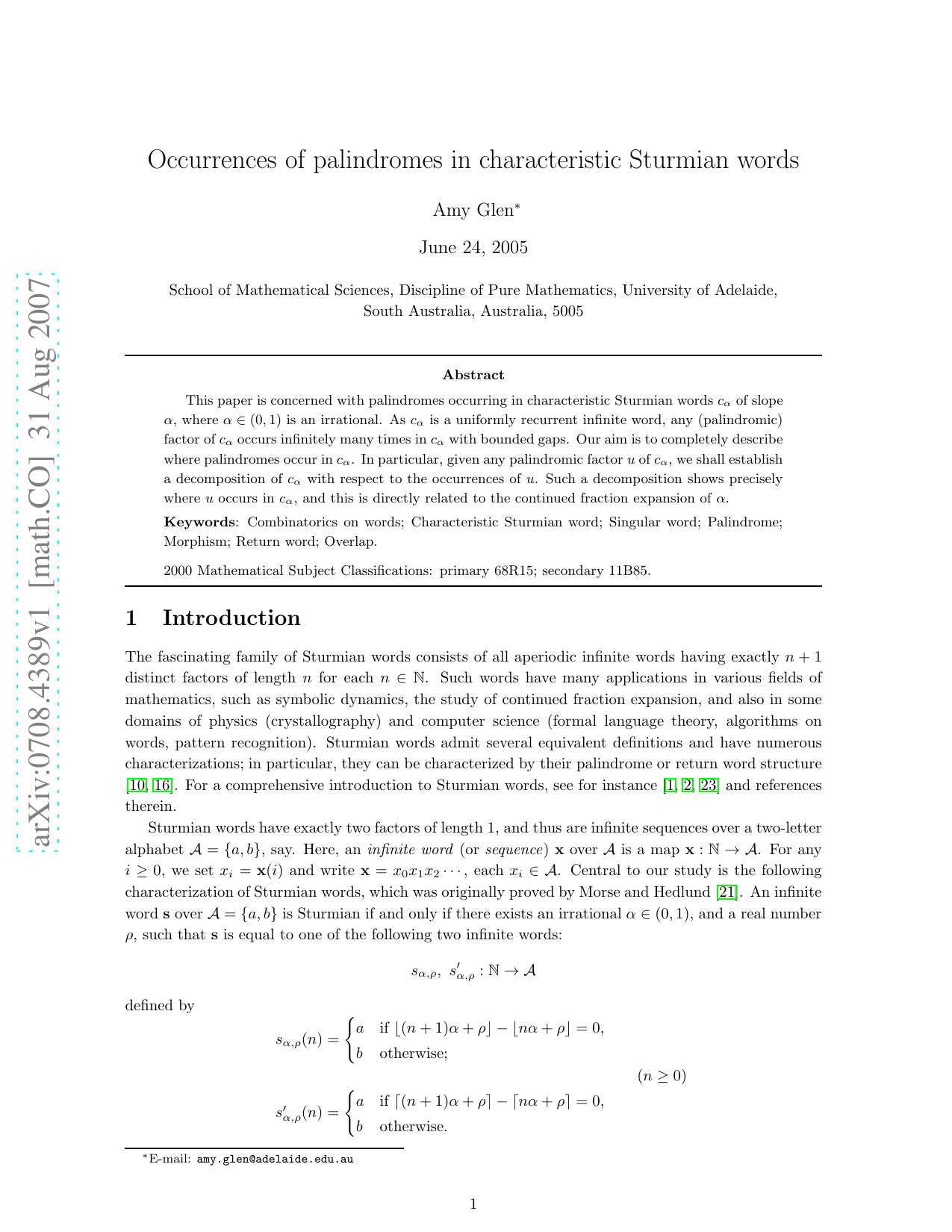 Occurrences of palindromes in characteristic Sturmian words