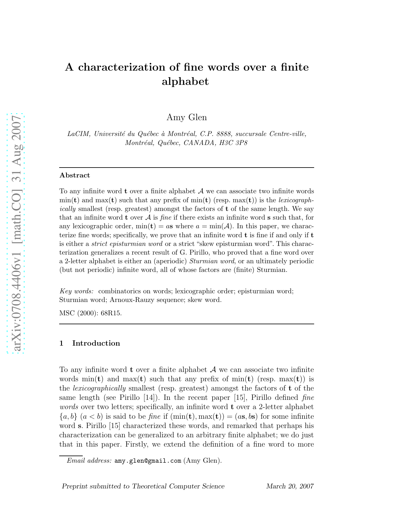 A characterization of fine words over a finite alphabet