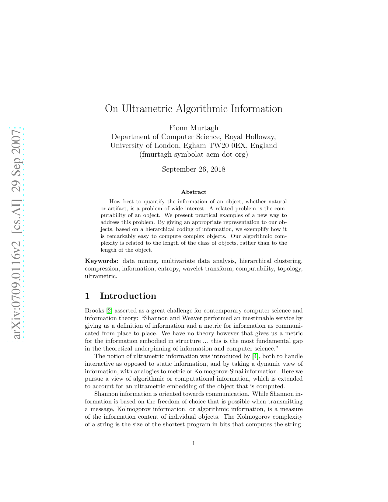 On Ultrametric Algorithmic Information