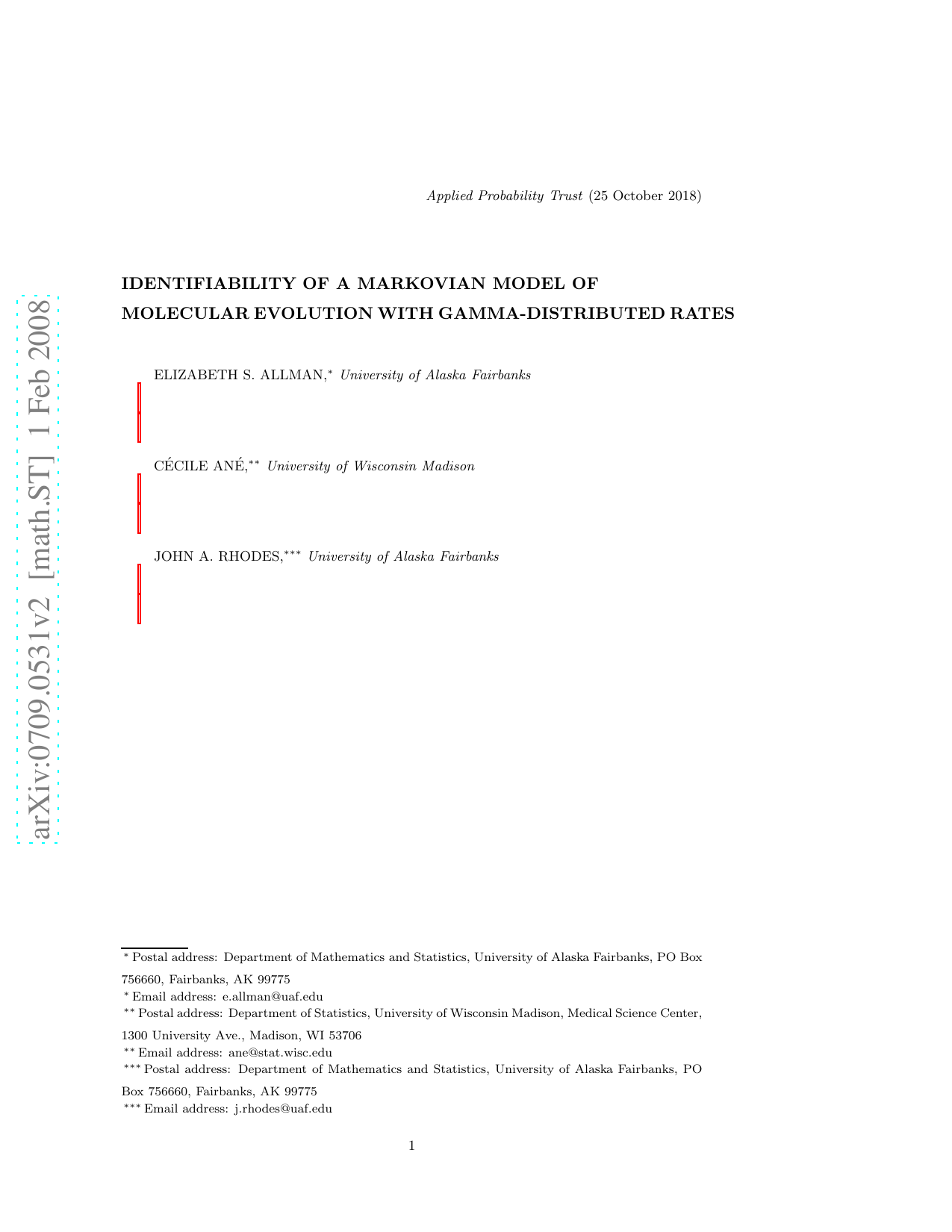 Identifiability of a Markovian model of molecular evolution with   Gamma-distributed rates