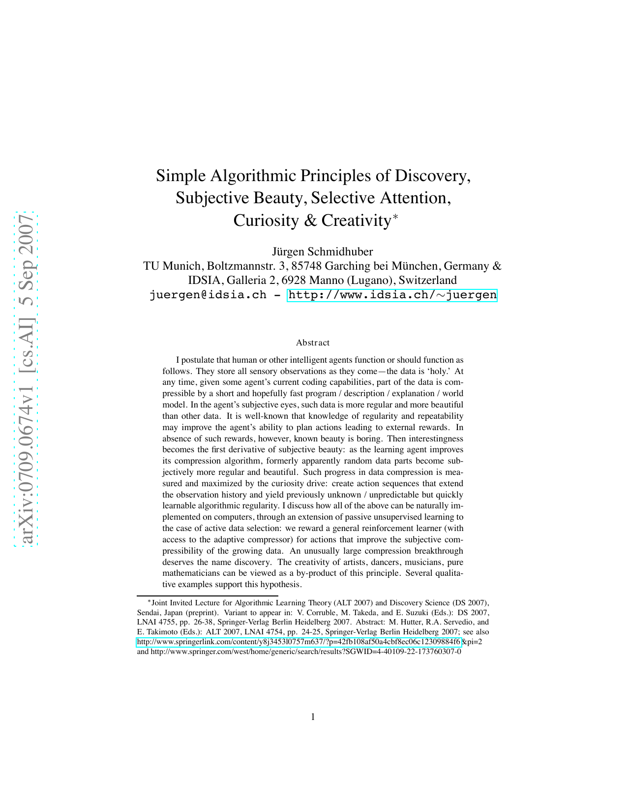 Simple Algorithmic Principles of Discovery, Subjective Beauty, Selective Attention, Curiosity & Creativity