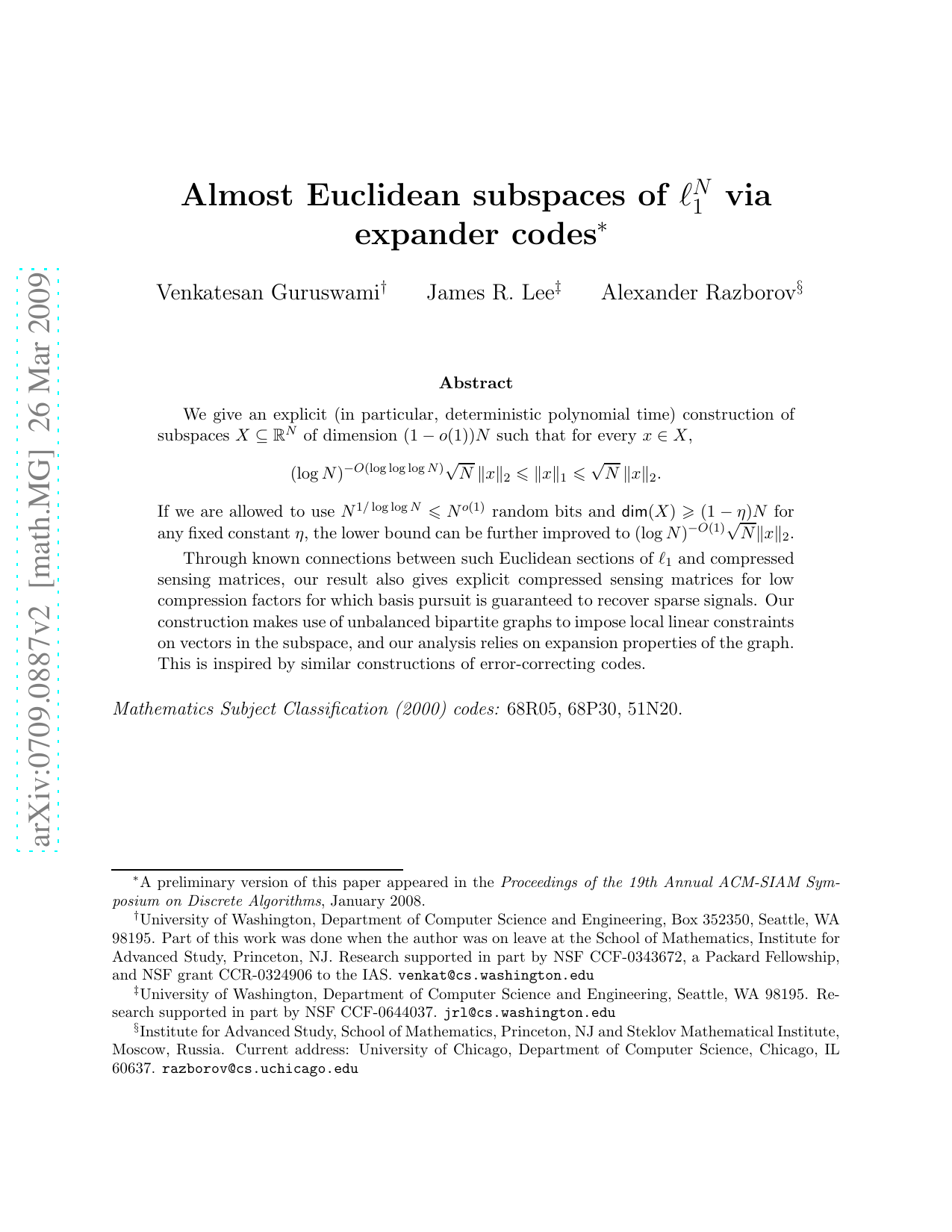Almost Euclidean subspaces of ell_1^N via expander codes