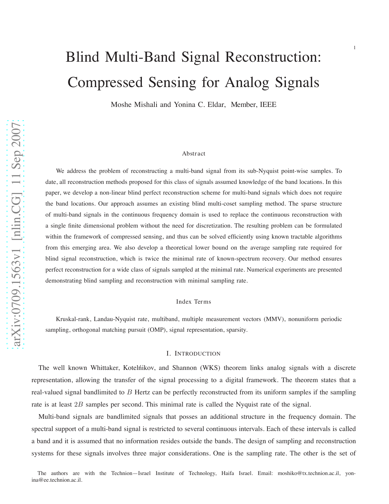 Blind Multi-Band Signal Reconstruction: Compressed Sensing for Analog Signals