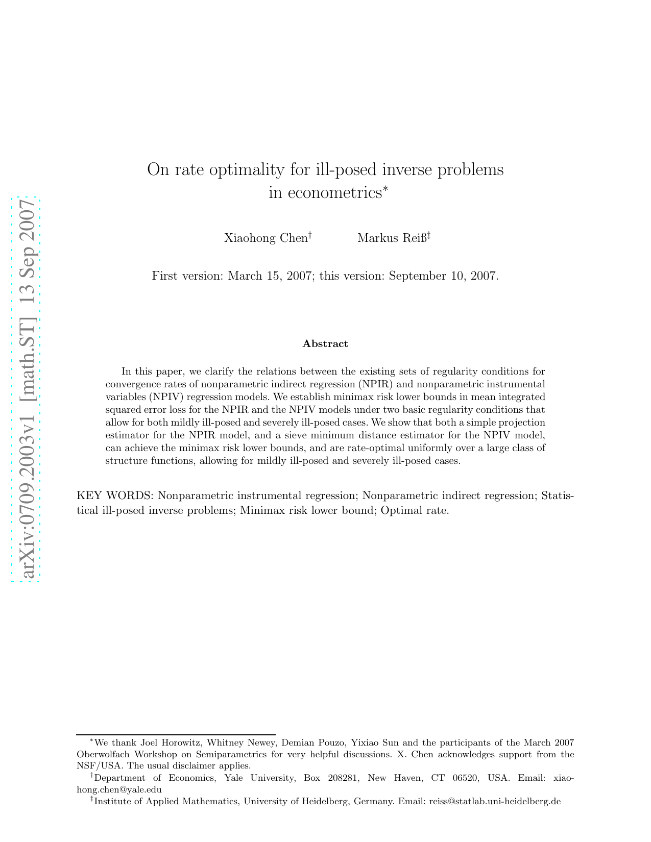 On rate optimality for ill-posed inverse problems in econometrics