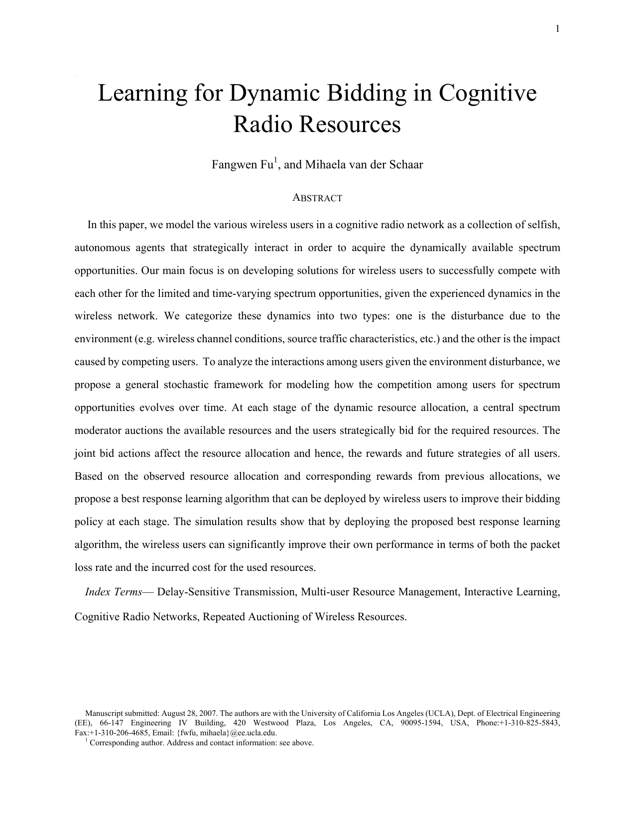 Learning for Dynamic Bidding in Cognitive Radio Resources