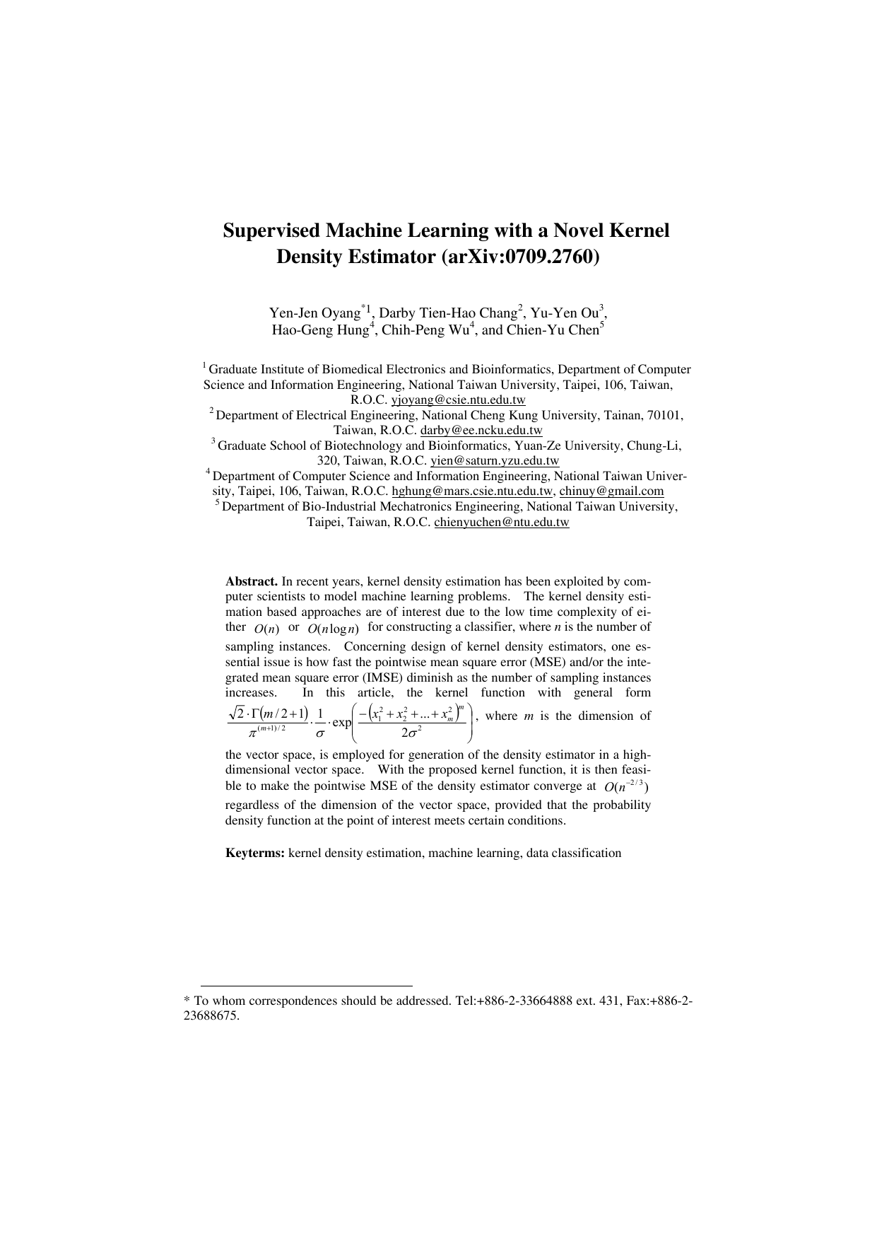 Supervised Machine Learning with a Novel Kernel Density Estimator