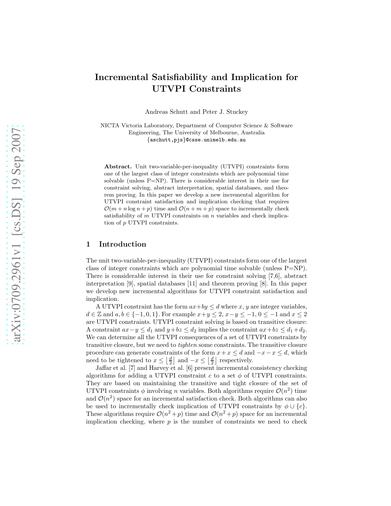 Incremental Satisfiability and Implication for UTVPI Constraints