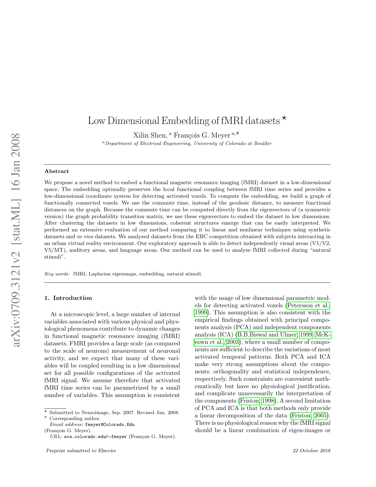 Low Dimensional Embedding of fMRI datasets