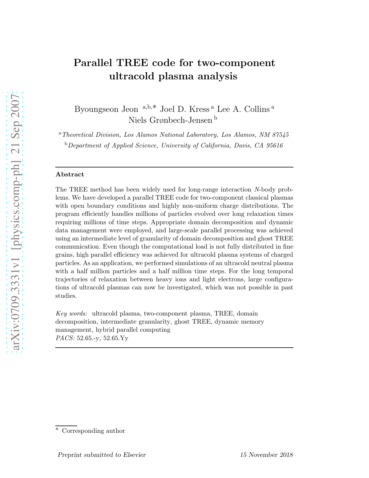 Parallel TREE code for two-component ultracold plasma analysis