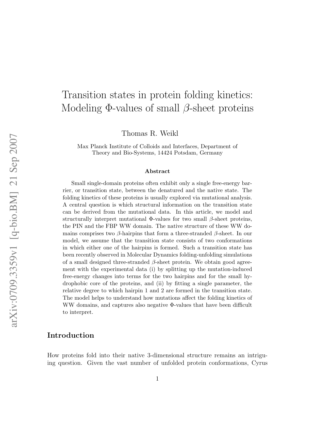 Transition states in protein folding kinetics: Modeling Phi-values of small beta-sheet proteins