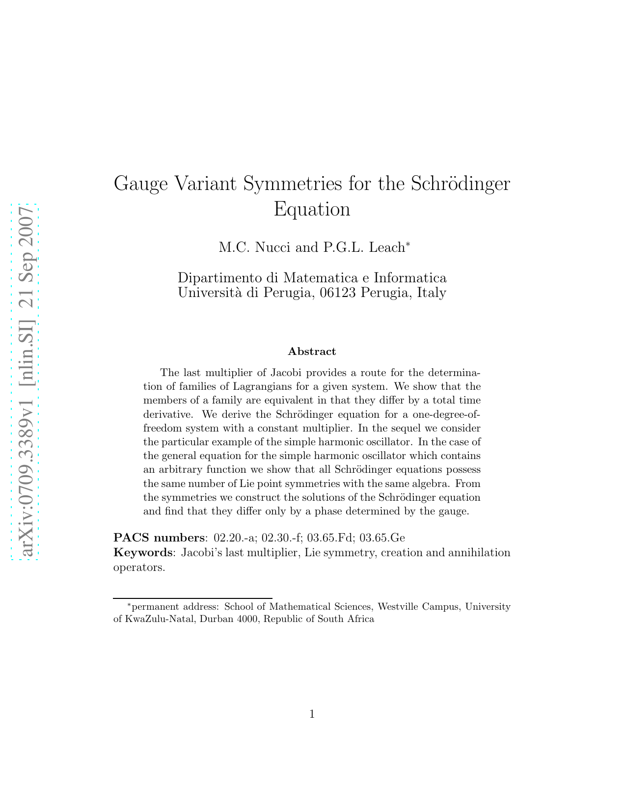 Gauge Variant Symmetries for the Schr'odinger Equation