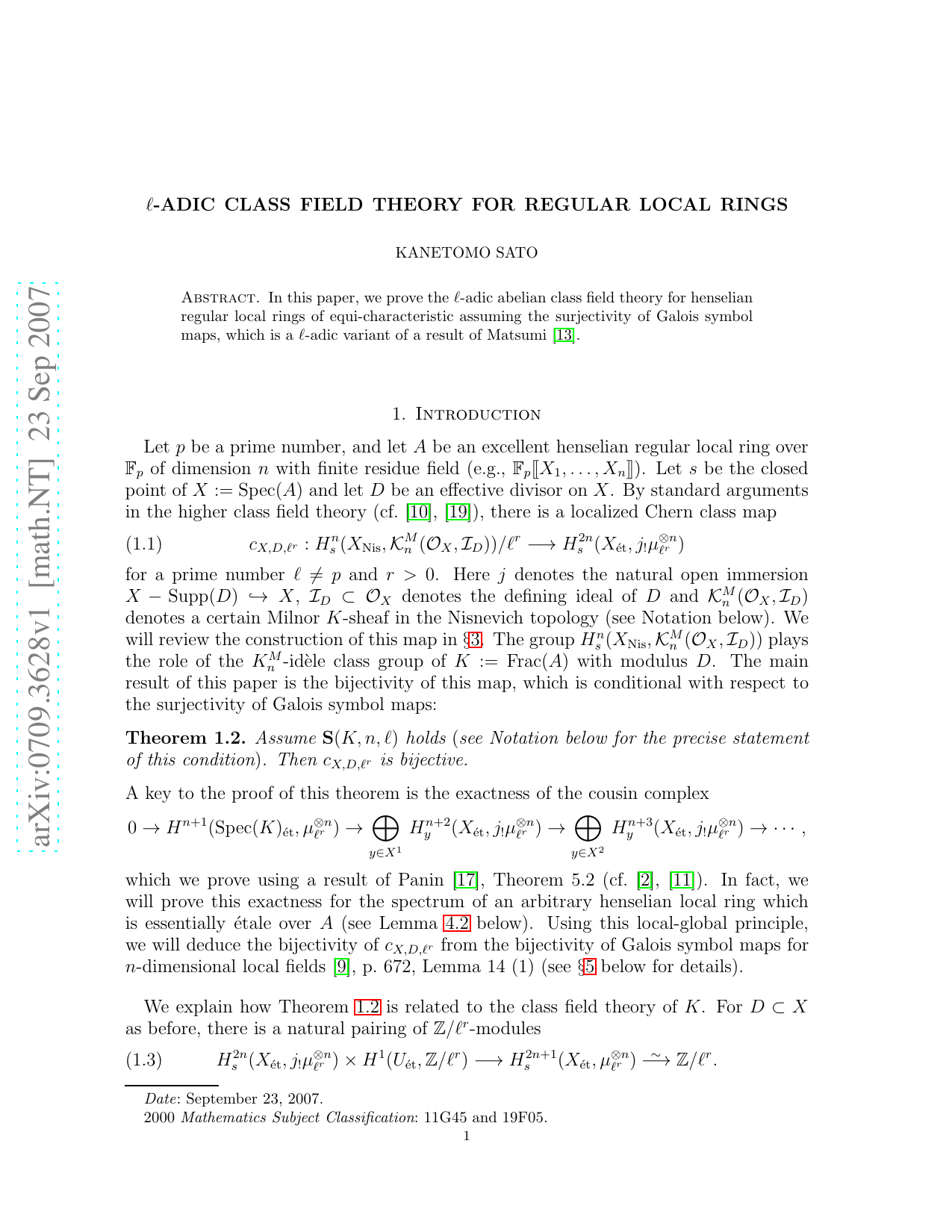 ell-adic class field theory for regular local rings