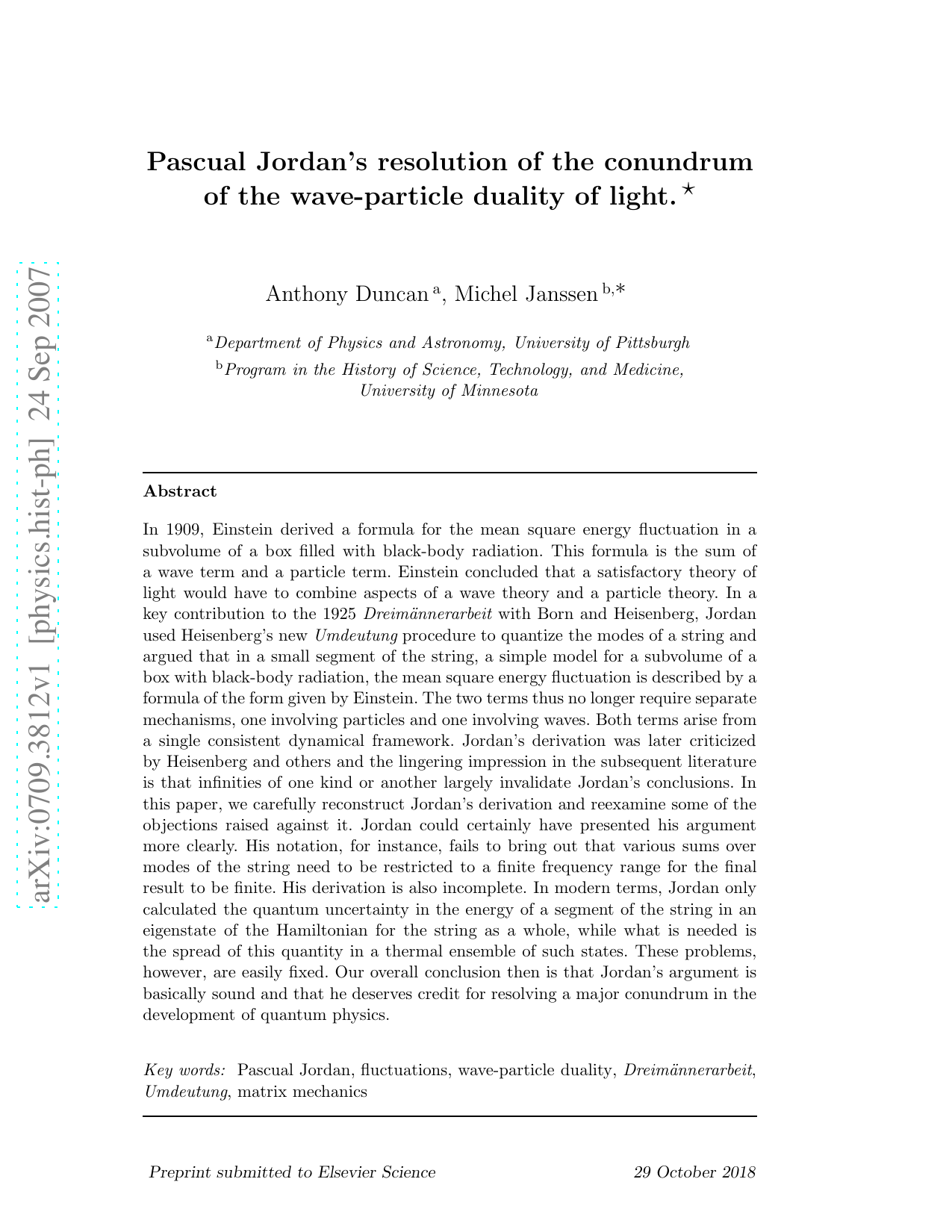 Pascual Jordans resolution of the conundrum of the wave-particle   duality of light