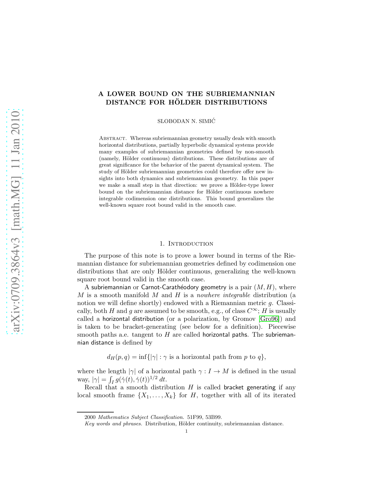 A lower bound on the subriemannian distance for H'older distributions