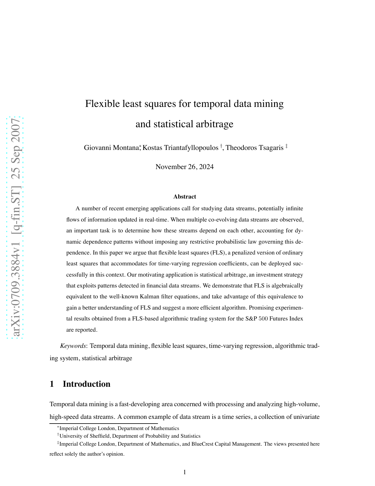 Flexible least squares for temporal data mining and statistical   arbitrage