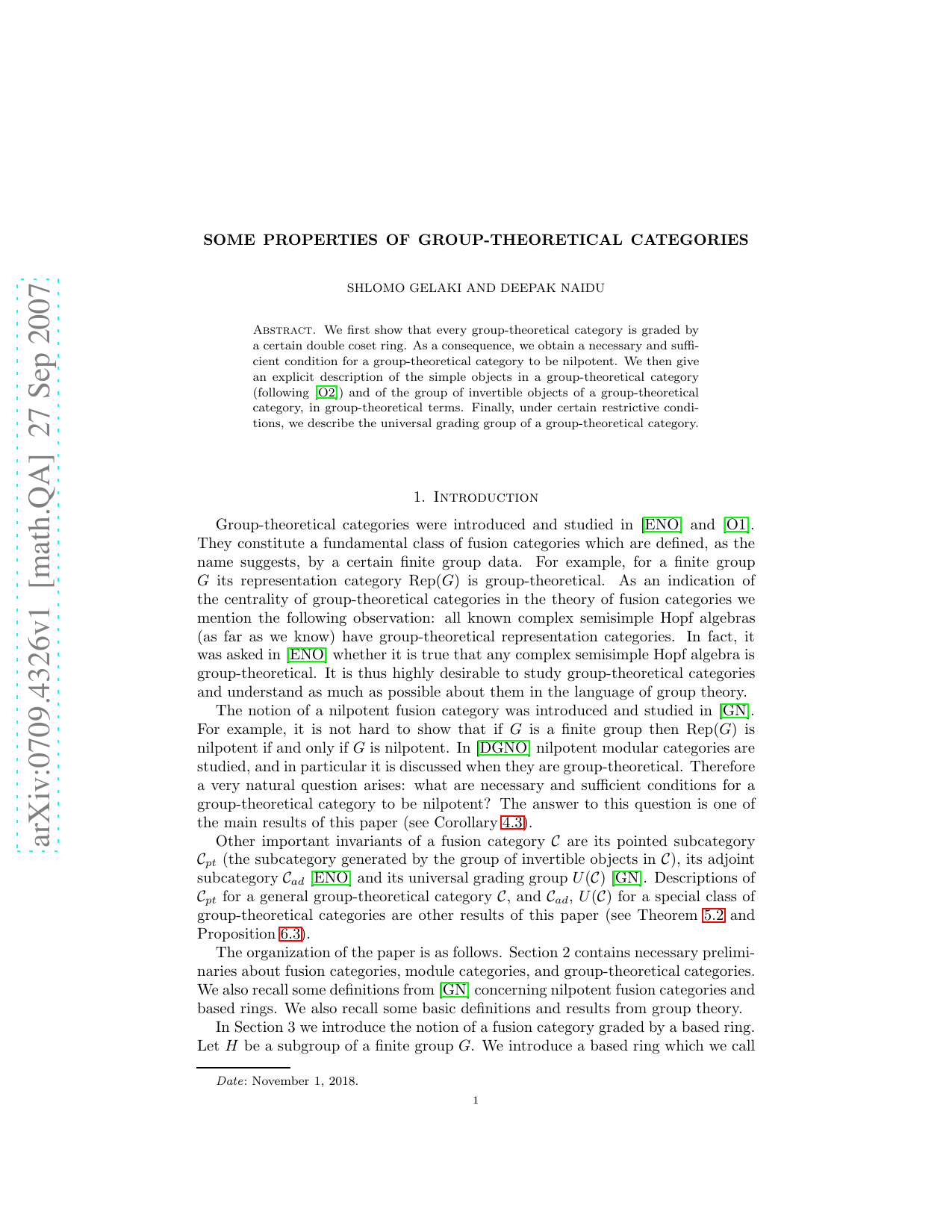 Some properties of group-theoretical categories