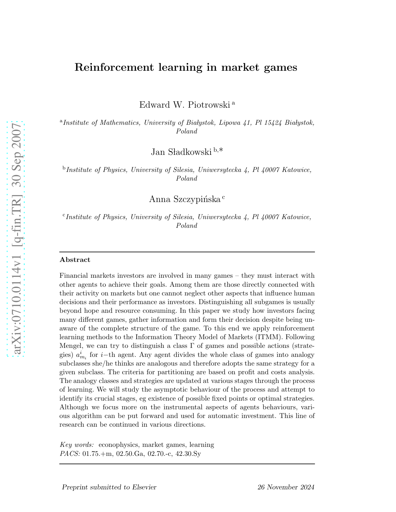 Reinforcement learning in market games