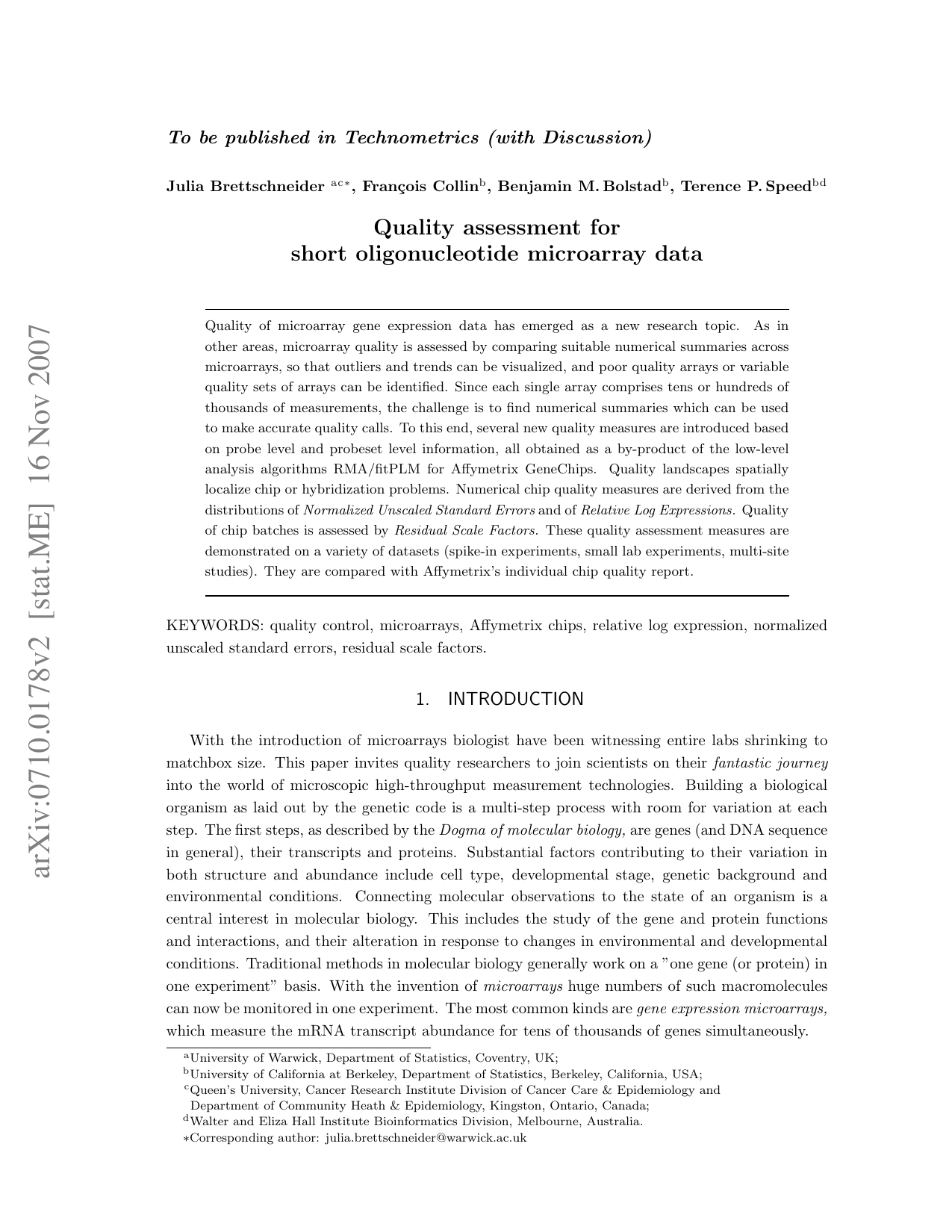 Quality assessment for short oligonucleotide microarray data