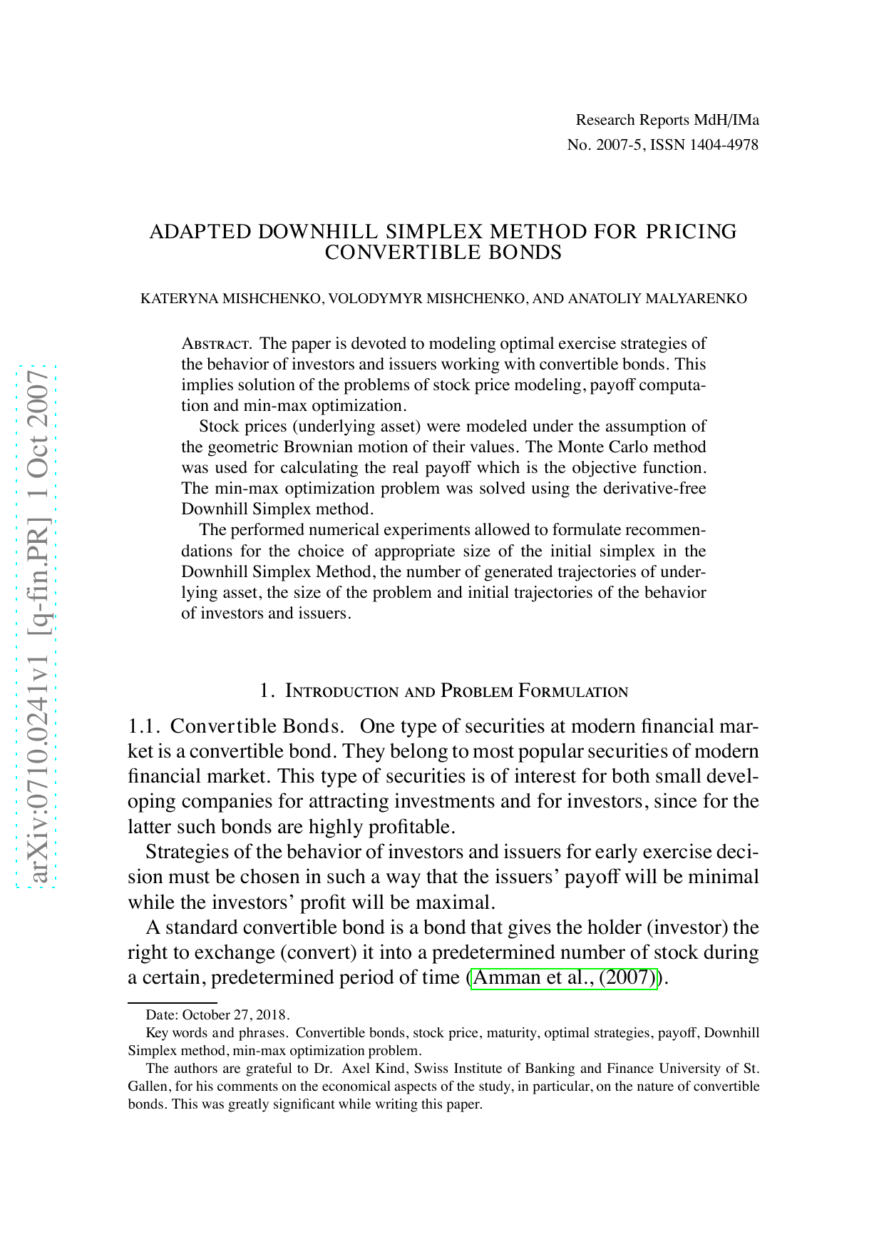 Adapted Downhill Simplex Method for Pricing Convertible Bonds