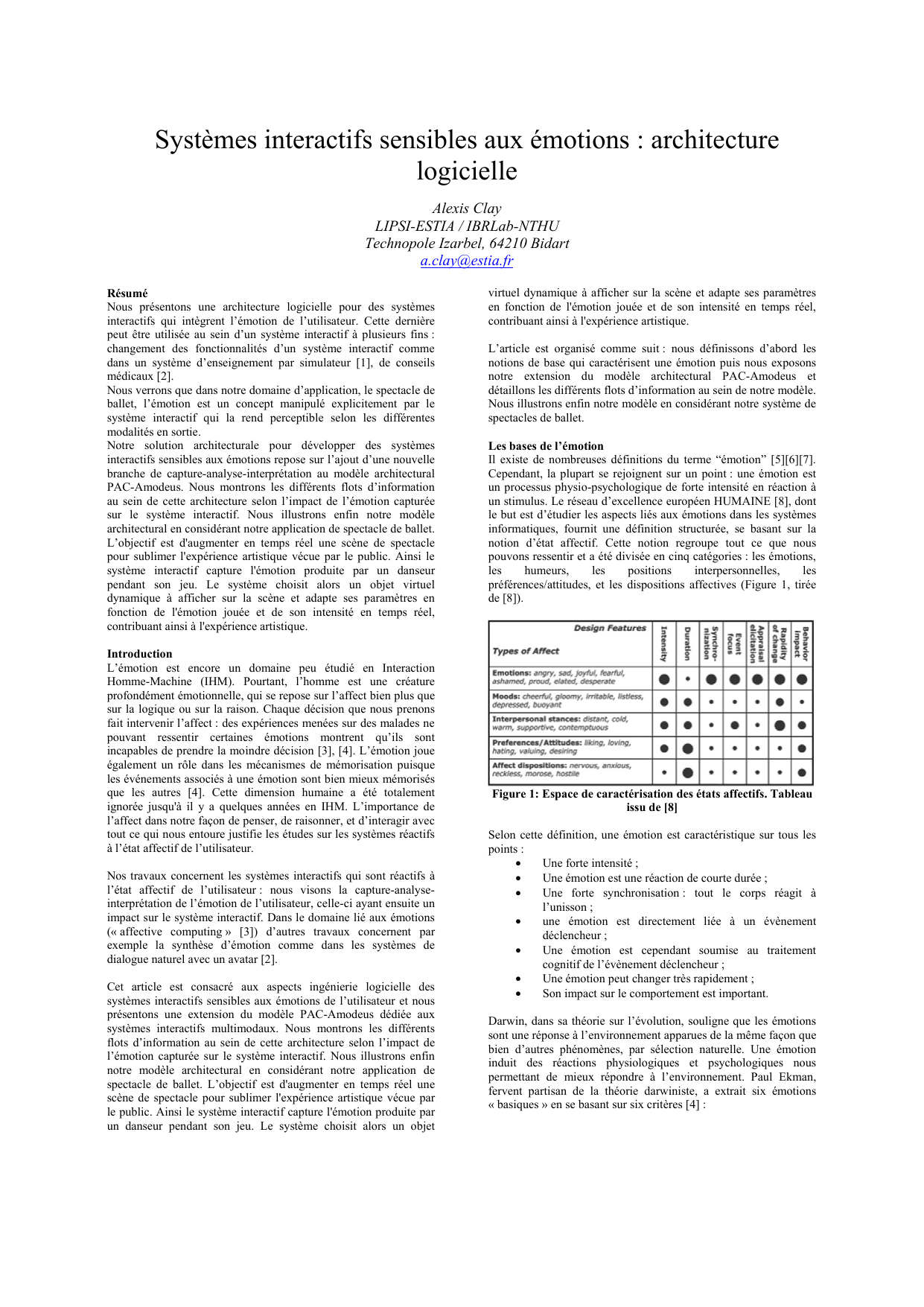 Syst`emes interactifs sensibles aux emotions : architecture   logicielle