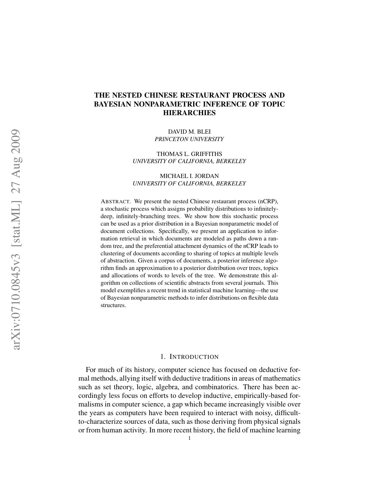 The nested Chinese restaurant process and Bayesian nonparametric   inference of topic hierarchies