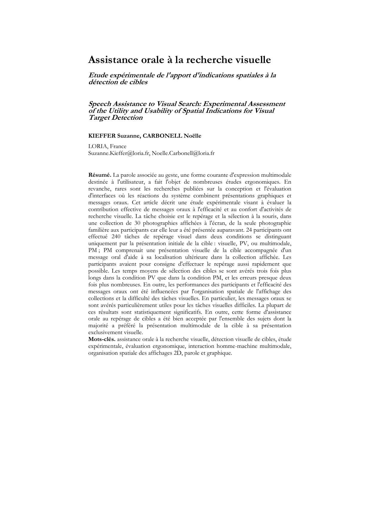 Assistance orale `a la recherche visuelle - etude experimentale de   lapport dindications spatiales `a la detection de cibles