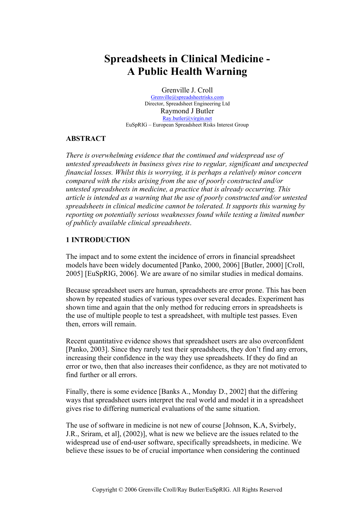 Spreadsheets in Clinical Medicine